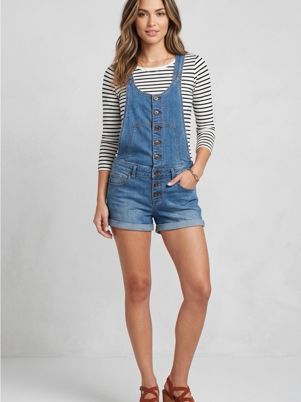 FREE PEOPLE Button Front Denim Short Overalls Jean Romper Shortalls 28